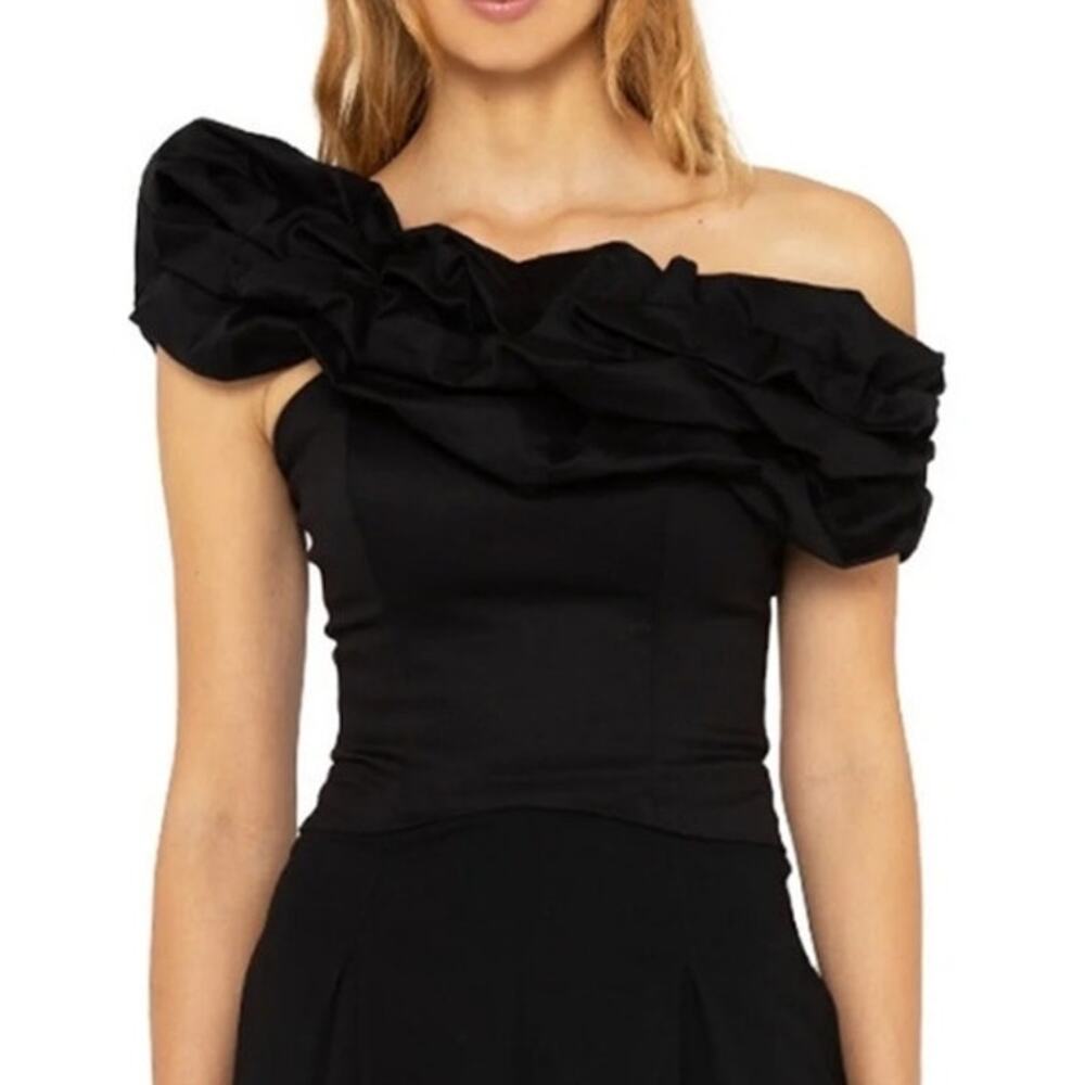 Just BEE Queen JBQ Lotus Top Black Asymmetric Sleeve Ruffle Cropped Corset Small